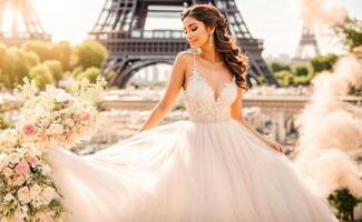 ai generado hermosa novia en un blanco vestir en contra el fondo de el eiffel torre foto