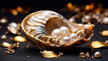 AI generated Beautiful shell with pearls on a dark background photo