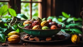 AI generated Ripe cocoa fruits in the kitchen photo