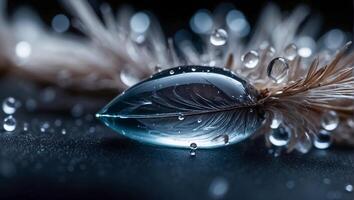AI generated Beautiful feather, drop of water dark background photo
