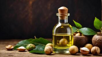 AI generated Cosmetic oil in a glass bottle, macadamia nut photo