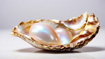 AI generated Beautiful shell with pearls on a light background photo