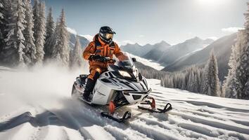 AI generated Racers ride a snowmobile in a winter suit in a beautiful magnificent snowy forest, mountains photo