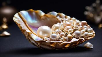 AI generated Beautiful shell with pearls on a dark background photo