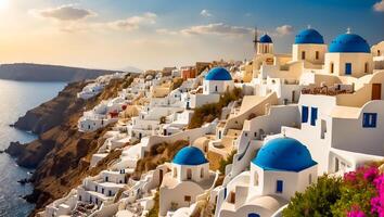 ai generado hermosa oia pueblo en Grecia antecedentes foto