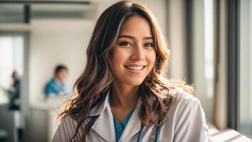 AI generated Portrait of a happy female doctor in a clinic photo