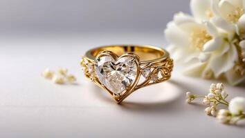 AI generated Beautiful gold ring with diamond in the shape of a heart, flowers photo