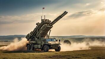AI generated defense system Patriot in the field, day, background photo