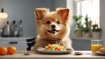 ai generado linda perro sentado en el cocina a el mesa foto