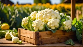 AI generated Harvest of fresh cauliflower in the vegetable garden photo