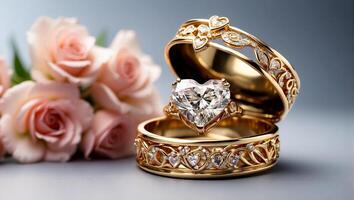 AI generated Beautiful gold ring with diamond in the shape of a heart, flowers photo