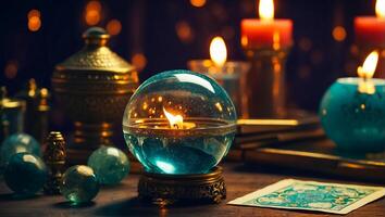 AI generated Magic ball, candles background photo