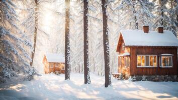 ai generado invierno casas en el bosque foto