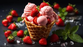 ai generado hielo crema con fresas foto