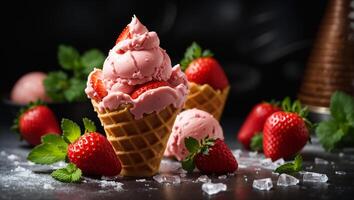 AI generated Ice cream with strawberries photo