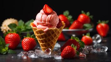 AI generated Ice cream with strawberries photo