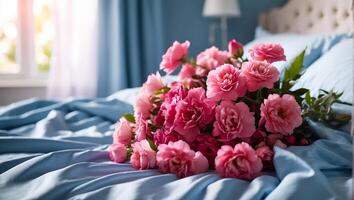 ai generado hermosa ramo de flores de flores en el cama foto