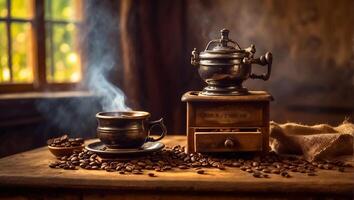 AI generated Cup of coffee, grains vintage background photo