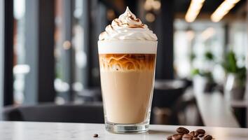 AI generated Beautiful latte coffee with whipped cream in a glass in a cafe photo