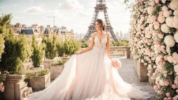 AI generated Beautiful bride in a white dress against the backdrop of the Eiffel Tower photo