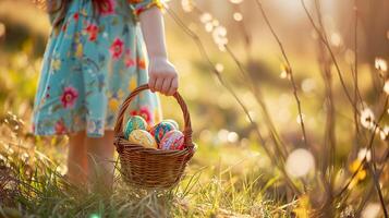 ai generado huevo cazar alegría, festivo bandera presentando niña y pintado huevos foto