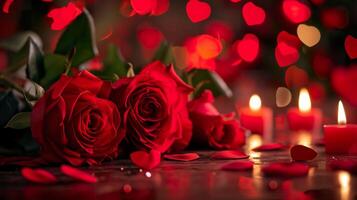 ai generado enamorado antecedentes con corazones y rojo rosas, amor y romance foto