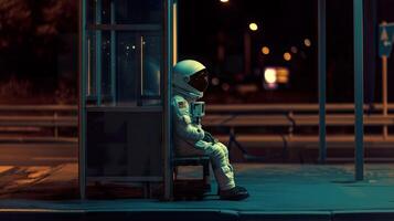 AI generated Cosmic Solitude, Astronaut Contemplating at Night Bus Stop photo