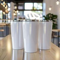 AI generated Stylish Cafe Scene, Tall Tumbler Product Mockup on Wooden Table photo