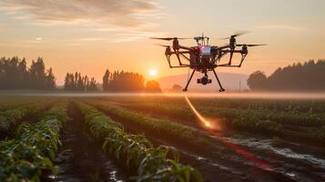 AI generated future farmer tools, flying drone spraying pesticides on wet agriculture field photo