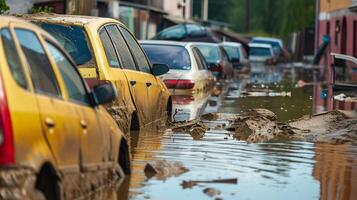 ai generado natural desastre secuelas, inundado carros en urbano calles foto