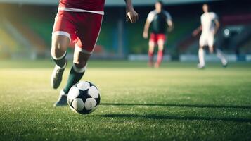 ai generado fútbol partido intensidad, jugador regate en grande estadio campo foto