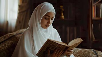 ai generado islámico mujer estudiando, enfocado educación y concentración foto