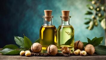 AI generated Cosmetic oil in a glass bottle, macadamia nut photo