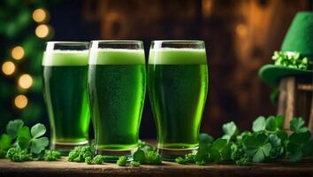 ai generado lentes con verde cerveza, trébol hojas antecedentes foto