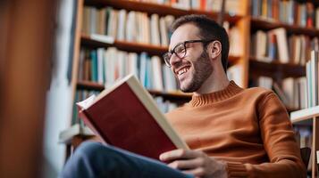 ai generado contento hombre leyendo un libro, ocio y contentamiento foto