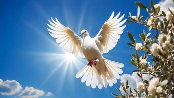 AI generated White dove against the sky with clouds, branch photo