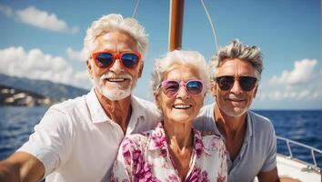 AI generated Portrait of happy elderly people on vacation at sea photo