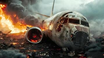 AI generated Airplane Crash Disaster, Burning Plane Wreckage Aftermath photo