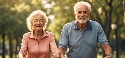 AI generated Elderly couple on a bike ride in a summer park photo