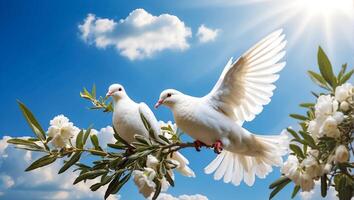 AI generated White dove against the sky with clouds, branch photo