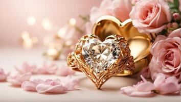 AI generated Beautiful gold ring with diamond in the shape of a heart, flowers photo