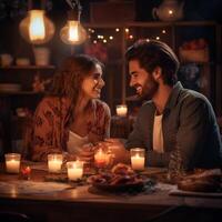 ai generado un Pareja sentado a un hermosa comida mesa con ardiente velas y delicioso comida en San Valentín noche foto