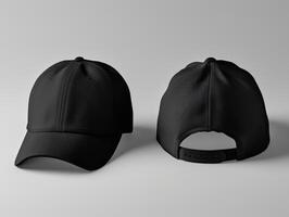 AI generated Black baseball caps mockup on a grey background, front and back side photo