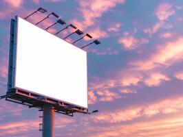 AI generated Marketing Billboard. Empty Large Format Sign against a Sunset Evening Sky. Mockup Template photo