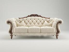 ai generado moderno minimalista ligero blanco sofá en blanco estudio antecedentes. sofá decoración con 3 plazas cojines foto