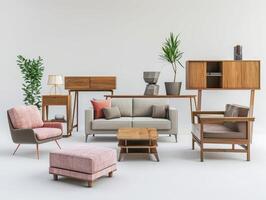 AI generated Collection of different stylish furniture on white background photo