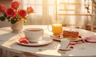 ai generado un taza de café en un de madera mesa con un ramo de flores de rosas en el antecedentes foto