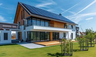 AI generated Modern house with solar panels installed on the roof. Modern house with solar panels installed on the roof. photo