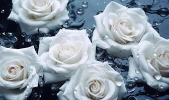 AI generated Beautiful white roses on dark blue water surface with water drops. photo