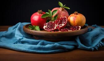 AI generated Hot chocolate with pomegranate and marshmallows on wooden background. photo